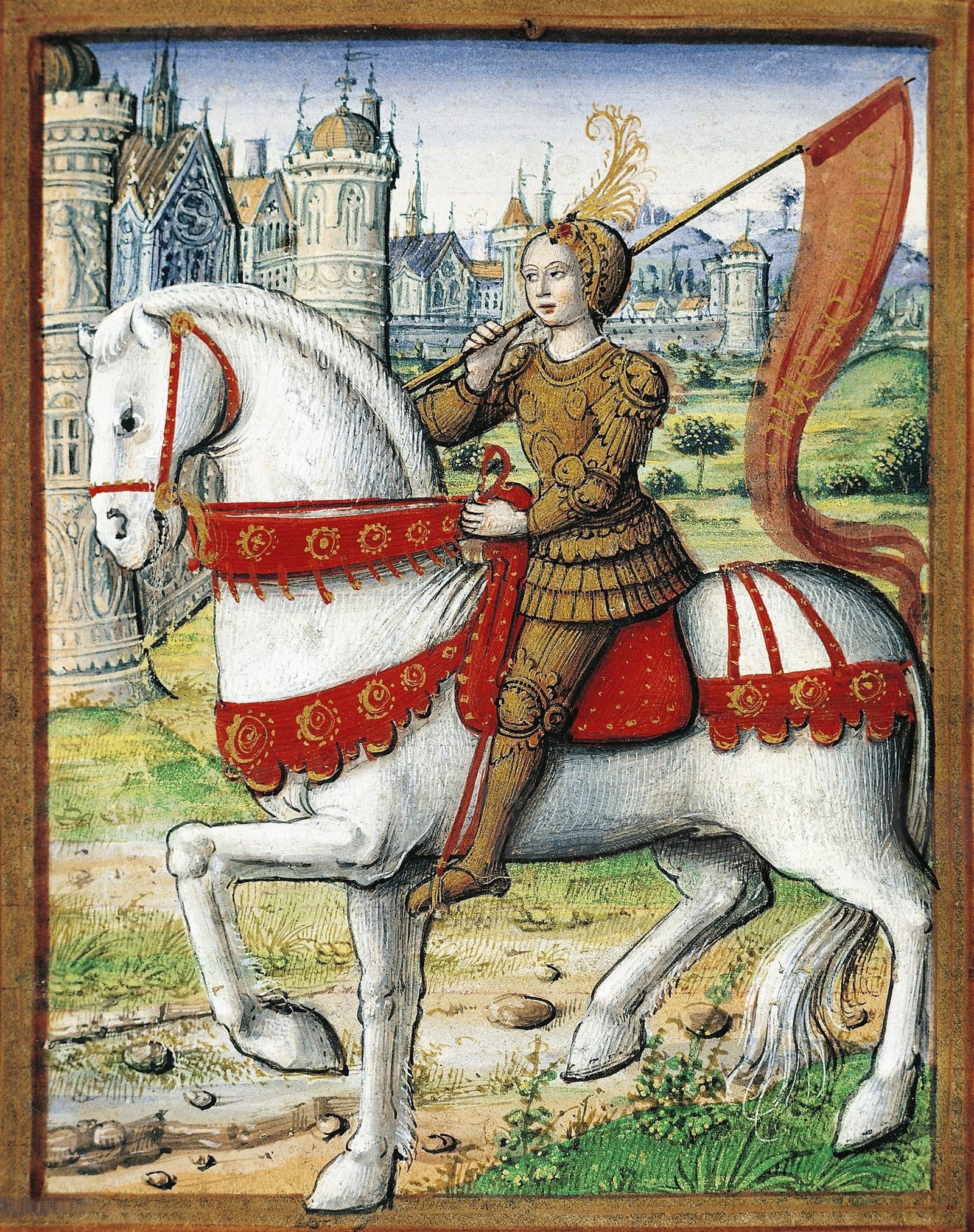 Jeanne d'Arc armed and riding her white charger